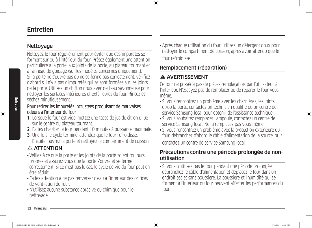 Samsung NQ50K3130BS/EG, NQ50K3130BS/EF manual Entretien, Nettoyage 