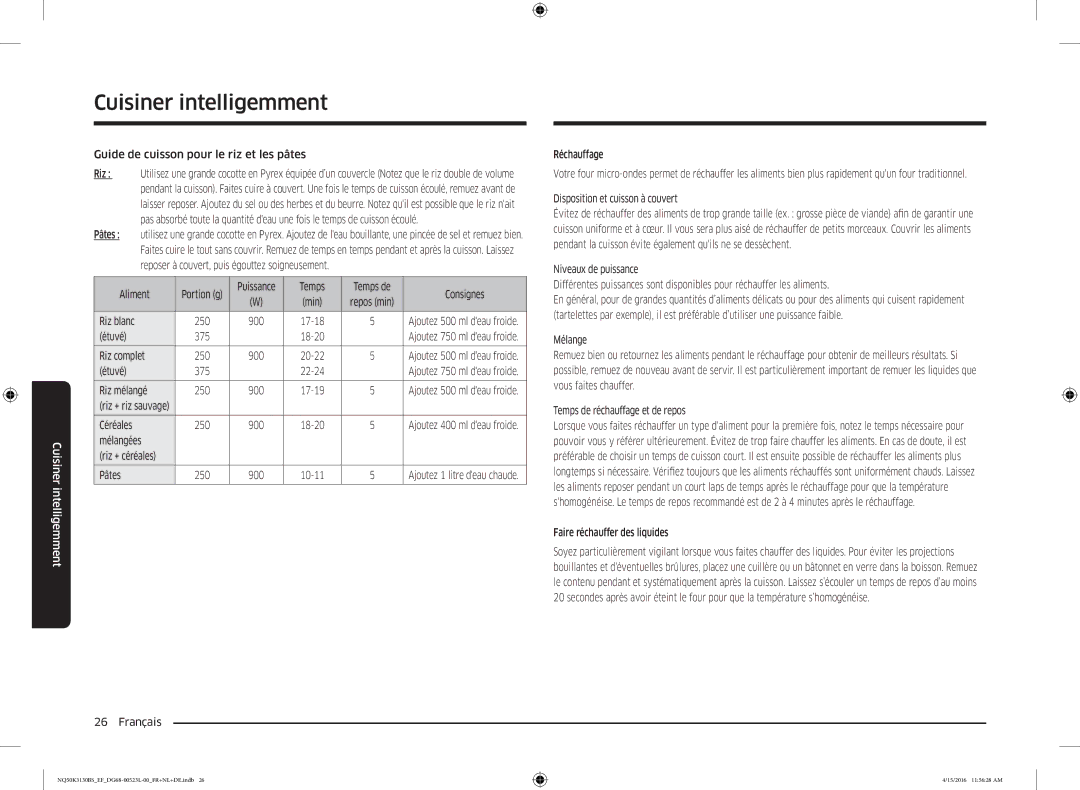 Samsung NQ50K3130BS/EG manual Guide de cuisson pour le riz et les pâtes, Étuvé, Riz complet, Riz mélangé, Céréales 