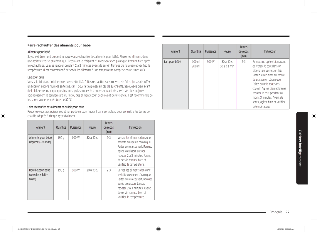 Samsung NQ50K3130BS/EF manual Faire réchauffer des aliments pour bébé Aliments pour bébé, Lait pour bébé, Instruction 