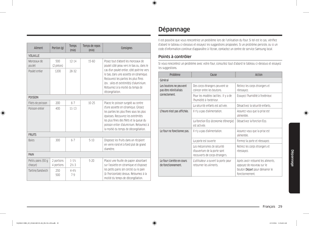 Samsung NQ50K3130BS/EF, NQ50K3130BS/EG manual Dépannage, Points à contrôler 