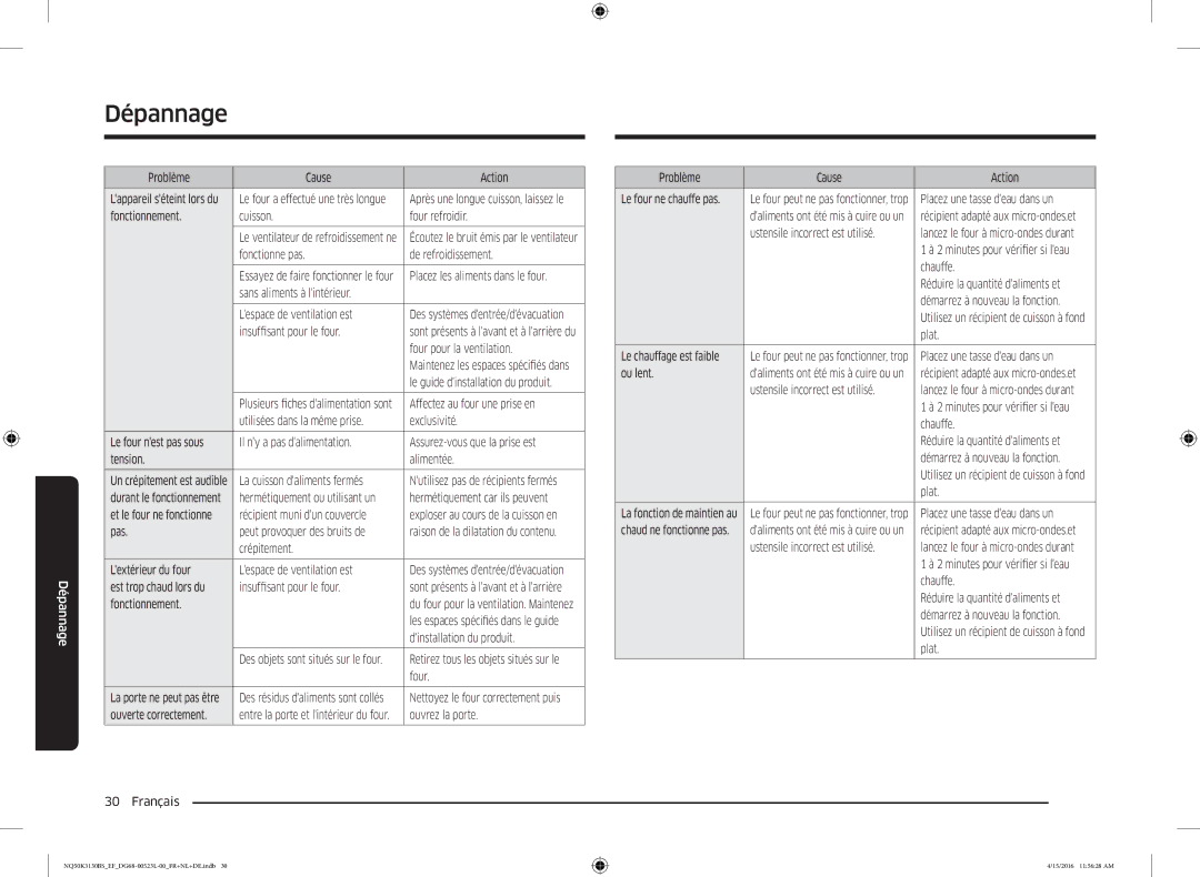 Samsung NQ50K3130BS/EG Problème Cause Action, Fonctionnement Cuisson Four refroidir, Fonctionne pas De refroidissement 
