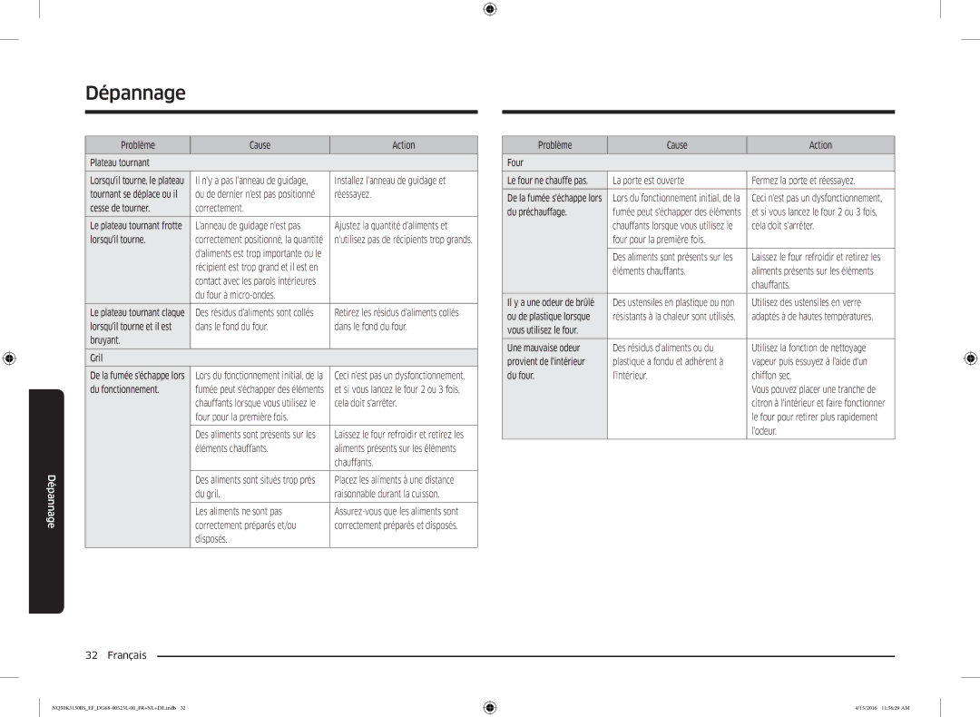 Samsung NQ50K3130BS/EG Problème Cause Action Plateau tournant, Installez lanneau de guidage et, Lorsquil tourne, Lodeur 