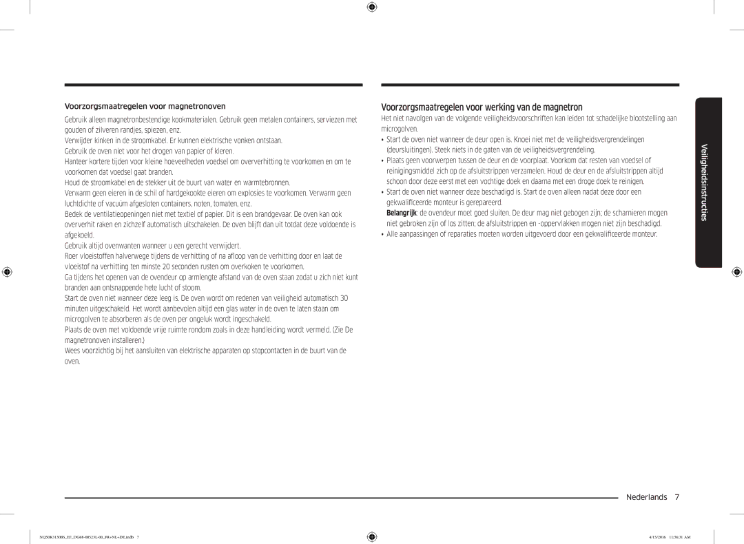 Samsung NQ50K3130BS/EF, NQ50K3130BS/EG manual Voorzorgsmaatregelen voor werking van de magnetron 