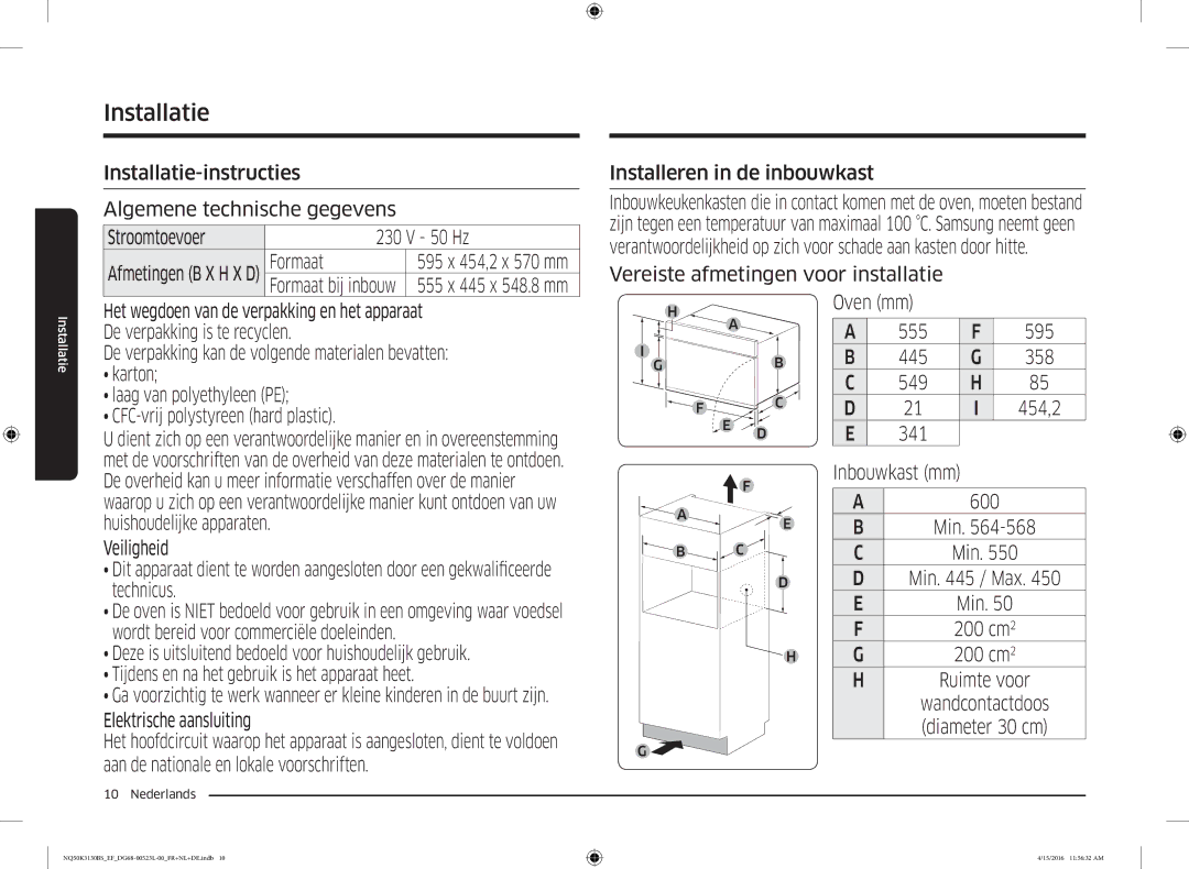 Samsung NQ50K3130BS/EG manual Formaat, Installeren in de inbouwkast, Elektrische aansluiting, Oven mm 555 595 445 358 549 