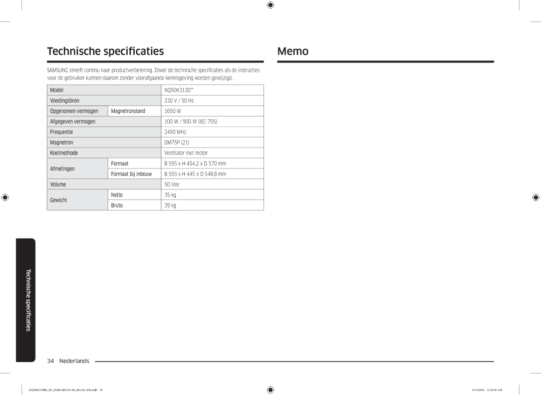 Samsung NQ50K3130BS/EG, NQ50K3130BS/EF manual Technische specificaties Memo 