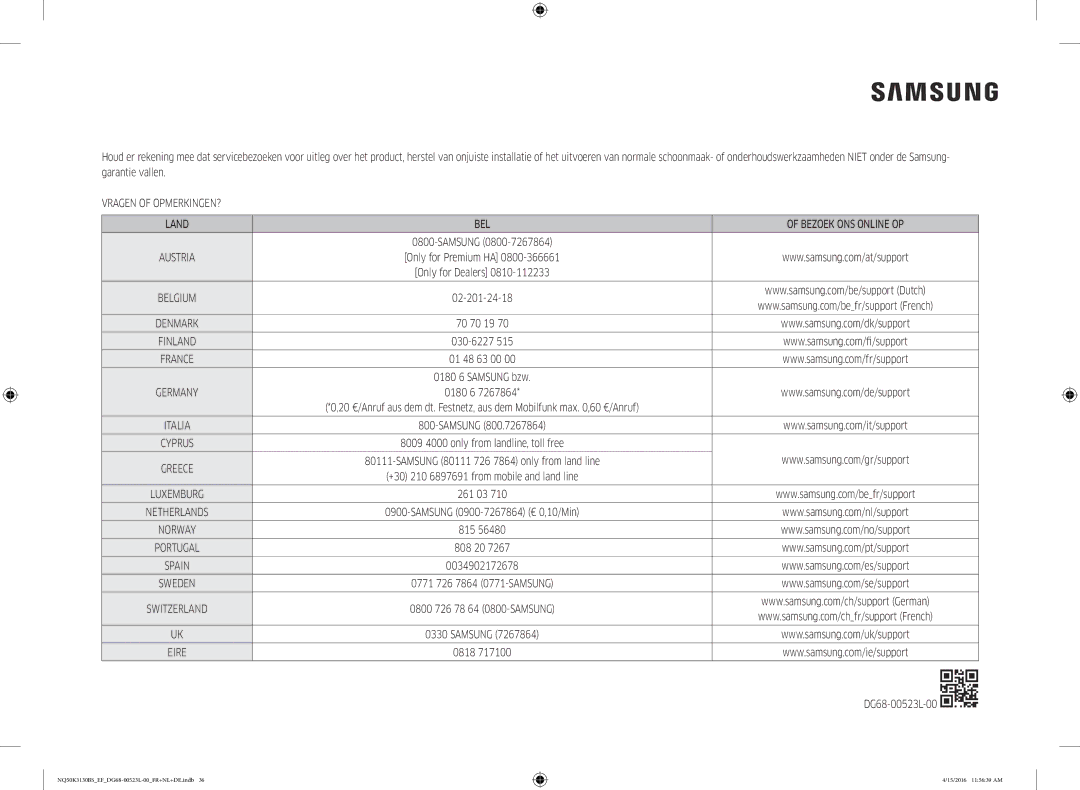 Samsung NQ50K3130BS/EG, NQ50K3130BS/EF manual Vragen of OPMERKINGEN? Land BEL Bezoek ONS Online OP, Samsung 