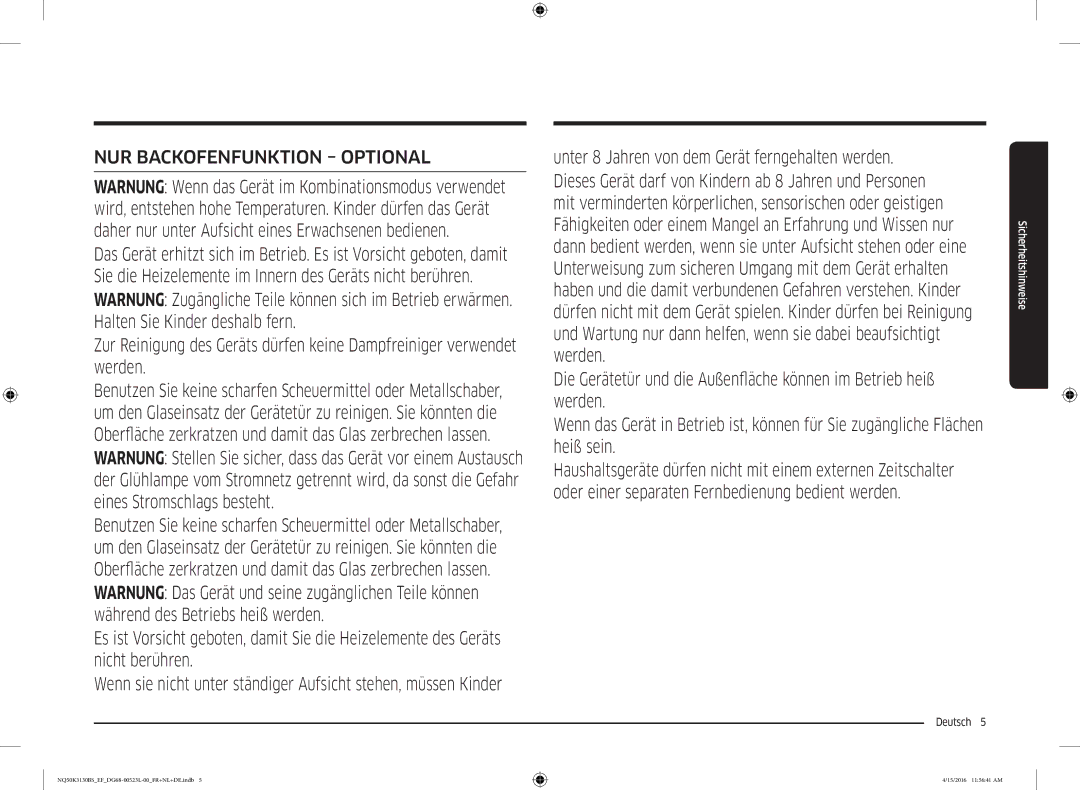 Samsung NQ50K3130BS/EF, NQ50K3130BS/EG manual NUR Backofenfunktion Optional 