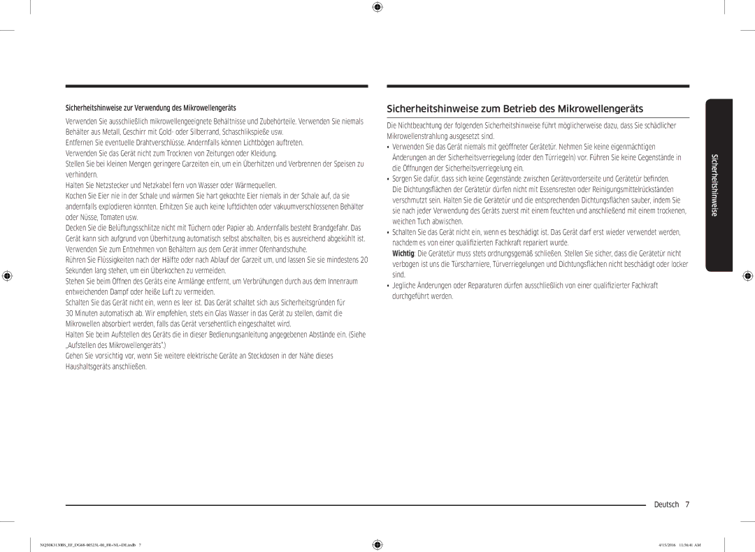 Samsung NQ50K3130BS/EF, NQ50K3130BS/EG manual Sicherheitshinweise zum Betrieb des Mikrowellengeräts 