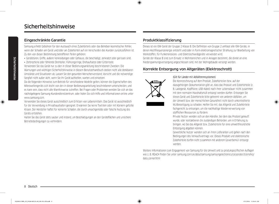 Samsung NQ50K3130BS/EG Eingeschränkte Garantie, Produktklassifizierung, Korrekte Entsorgung von Altgeräten Elektroschrott 