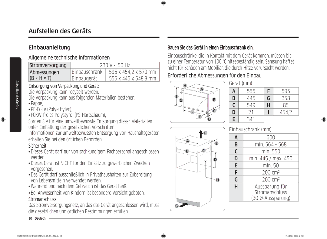 Samsung NQ50K3130BS/EG, NQ50K3130BS/EF manual Einbauschrank mm 600 Min Min / max 200 cm2, 30 Ø-Aussparung 