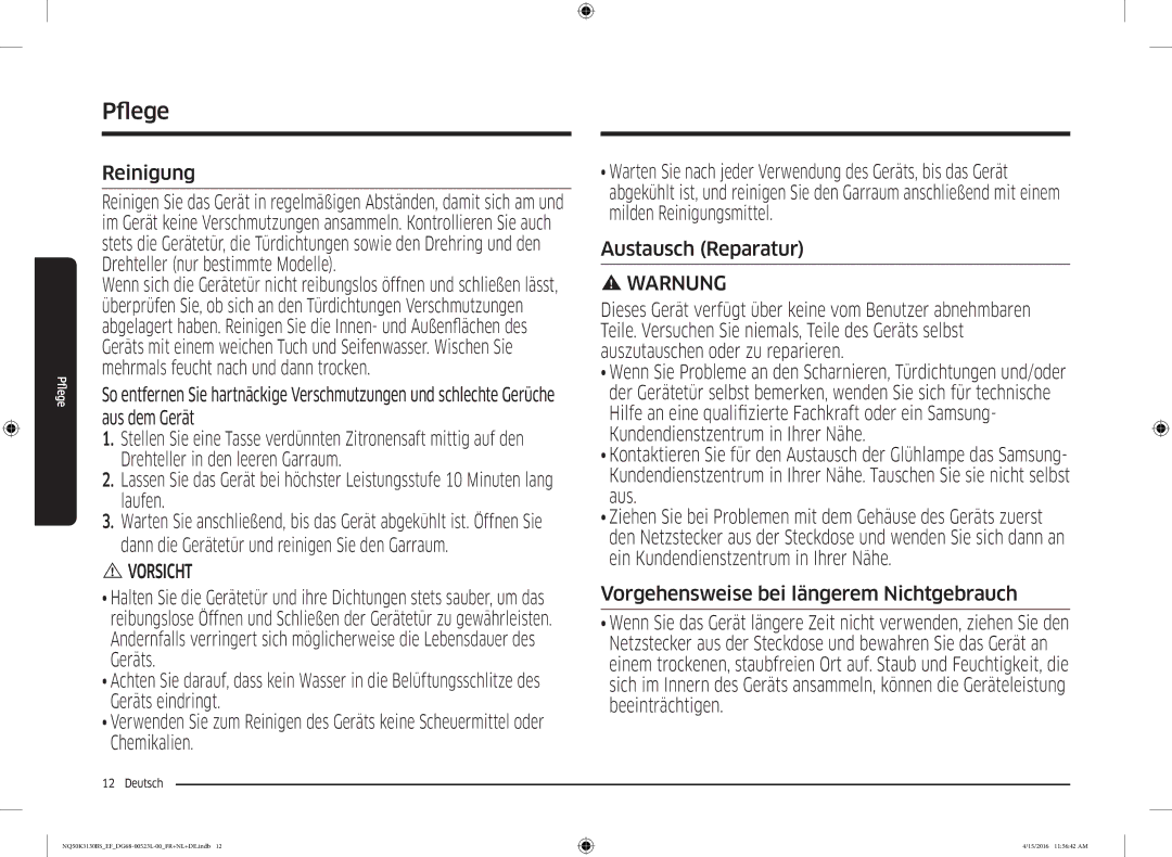 Samsung NQ50K3130BS/EG, NQ50K3130BS/EF manual Pfleg, Reinigung 