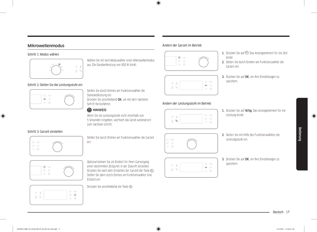 Samsung NQ50K3130BS/EF manual Mikrowellenmodus, Schritt 1 Modus wählen, Drücken Sie auf . Das Anzeigeelement für die Zeit 