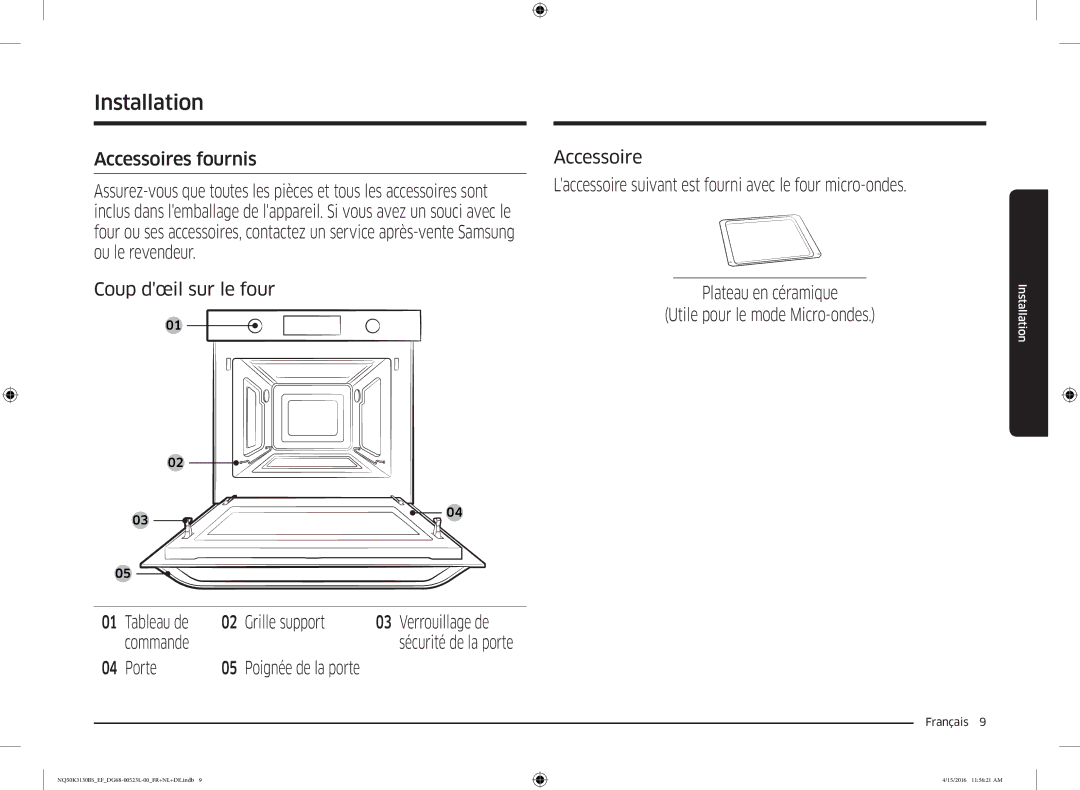 Samsung NQ50K3130BS/EF Installation, Accessoires fournis, Coup dœil sur le four, Grille support Verrouillage de, Porte 