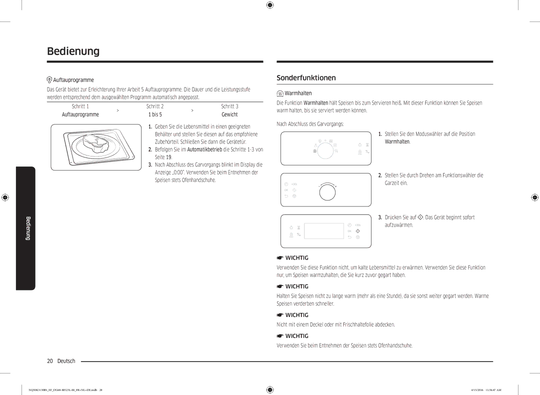 Samsung NQ50K3130BS/EG manual Sonderfunktionen, Befolgen Sie im Automatikbetrieb die Schritte 1-3 von Seite, Wichtig 