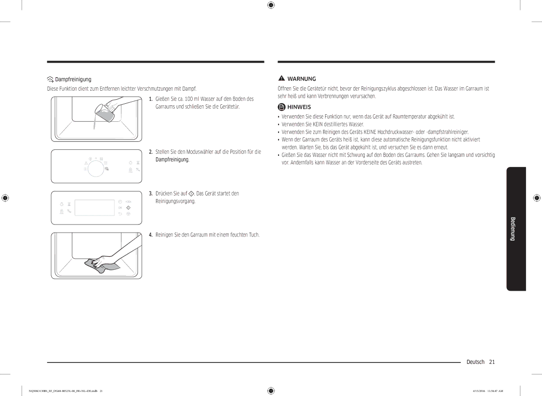 Samsung NQ50K3130BS/EF, NQ50K3130BS/EG manual Warnung, Reinigen Sie den Garraum mit einem feuchten Tuch 