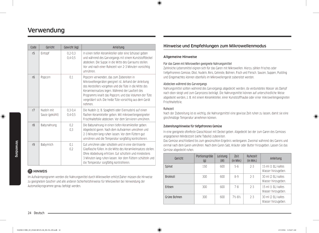 Samsung NQ50K3130BS/EG, NQ50K3130BS/EF manual Hinweise und Empfehlungen zum Mikrowellenmodus 