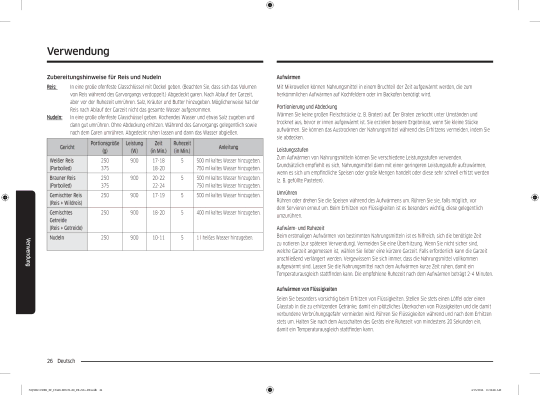 Samsung NQ50K3130BS/EG manual Zubereitungshinweise für Reis und Nudeln, Leistung Zeit, Parboiled, Brauner Reis, Gemischtes 