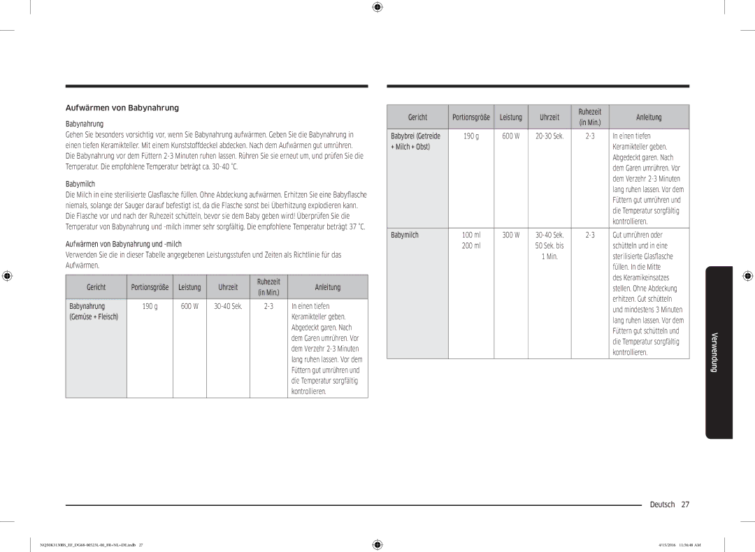 Samsung NQ50K3130BS/EF manual Aufwärmen von Babynahrung, Uhrzeit Ruhezeit Anleitung, Einen tiefen, Keramikteller geben 