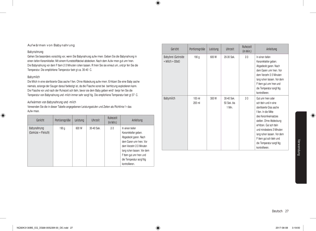 Samsung NQ50K3130BS/EF manual Aufwärmen von Babynahrung, Uhrzeit Ruhezeit Anleitung, Einen tiefen, Keramikteller geben 