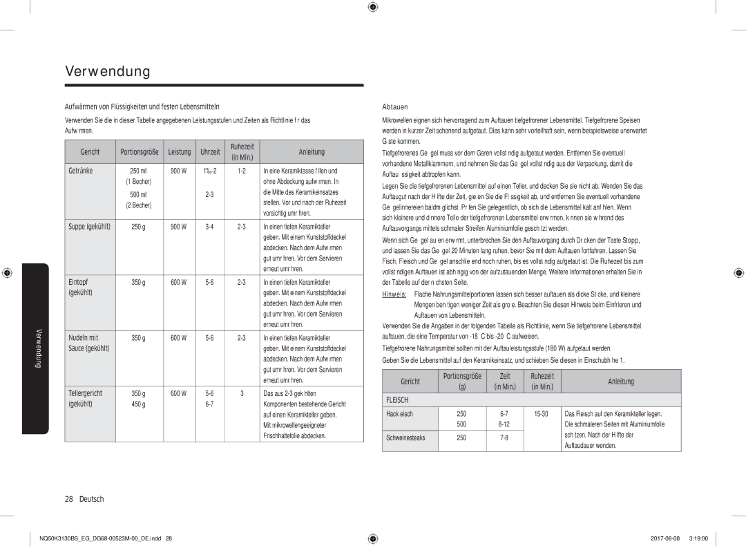 Samsung NQ50K3130BS/EG manual Uhrzeit, Min, Vorsichtig umrühren, Einen tiefen Keramikteller, Erneut umrühren, Gekühlt 