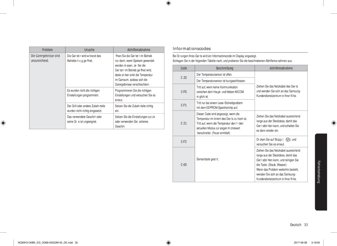 Samsung NQ50K3130BS/EF, NQ50K3130BS/EG manual Informationscodes 