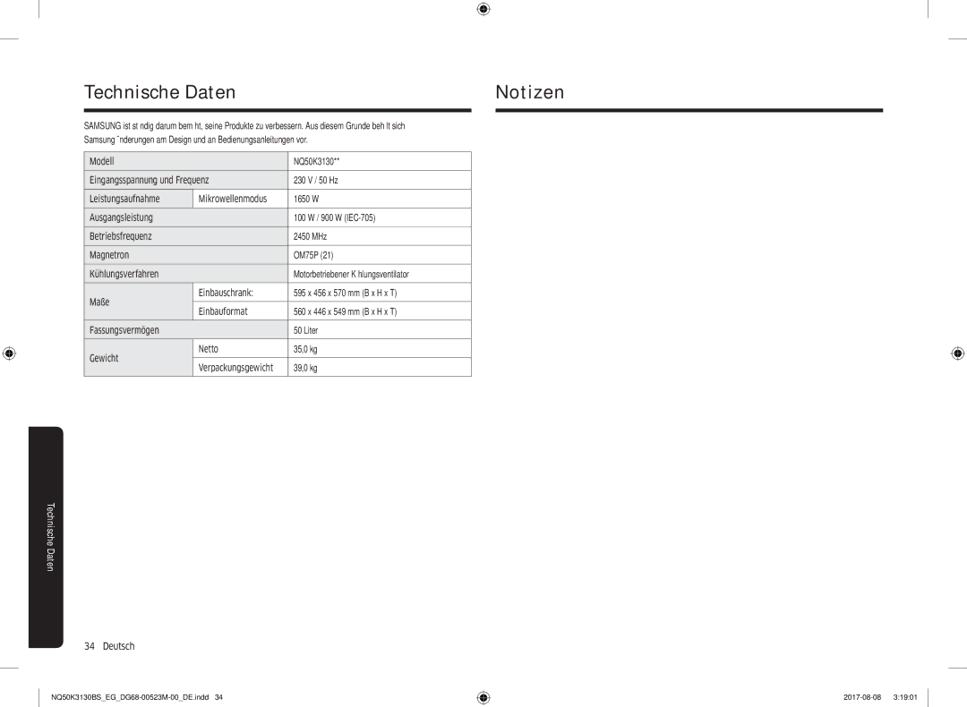 Samsung NQ50K3130BS/EG, NQ50K3130BS/EF manual Technische DatenNotizen, 39,0 kg 