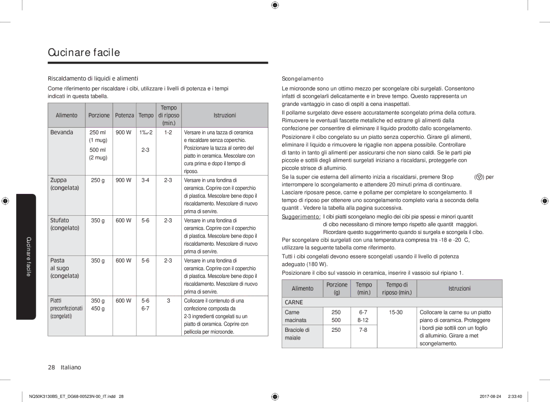 Samsung NQ50K3130BS/ET manual Stufato 350 g 600 W Versare in una fondina di Congelato, Carne 