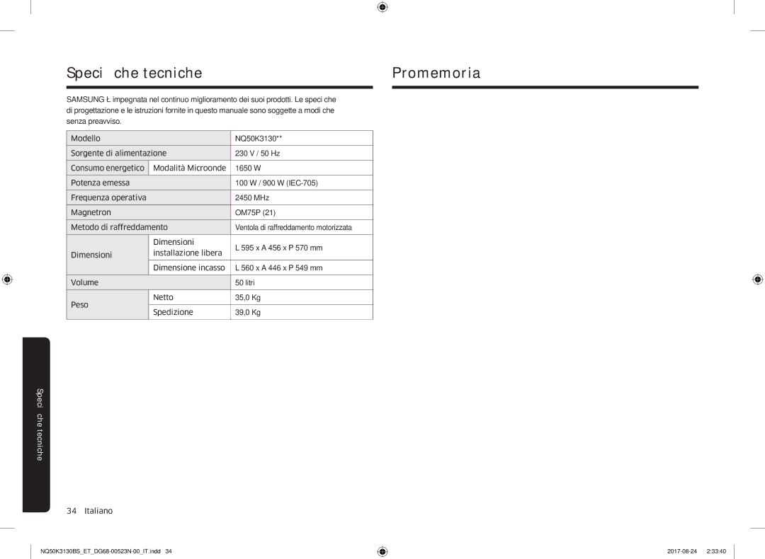 Samsung NQ50K3130BS/ET manual Specifiche tecnichePromemoria 