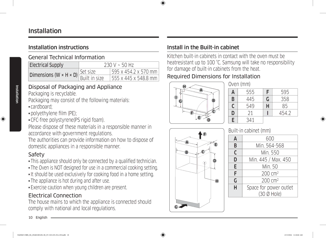 Samsung NQ50K5130BS/EE manual Set size, Install in the Built-in cabinet, Required Dimensions for Installation, Safety 