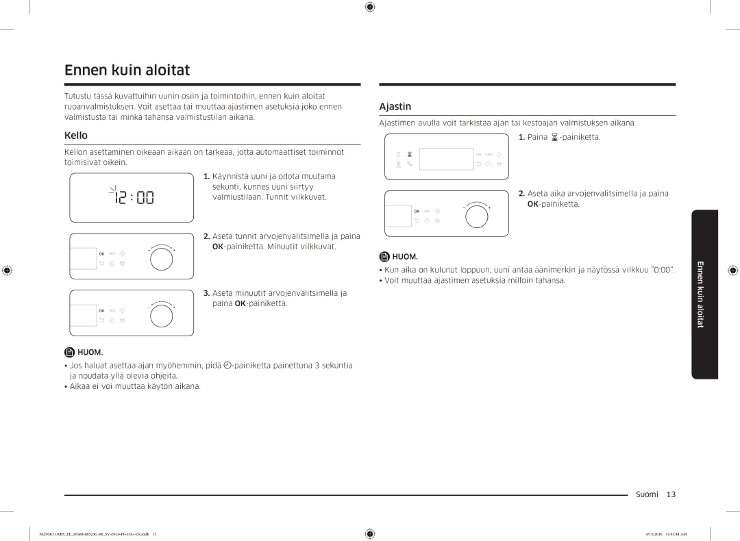 Samsung NQ50K5130BS/EE manual Ennen kuin aloitat, Kello, Ajastin, Huom 