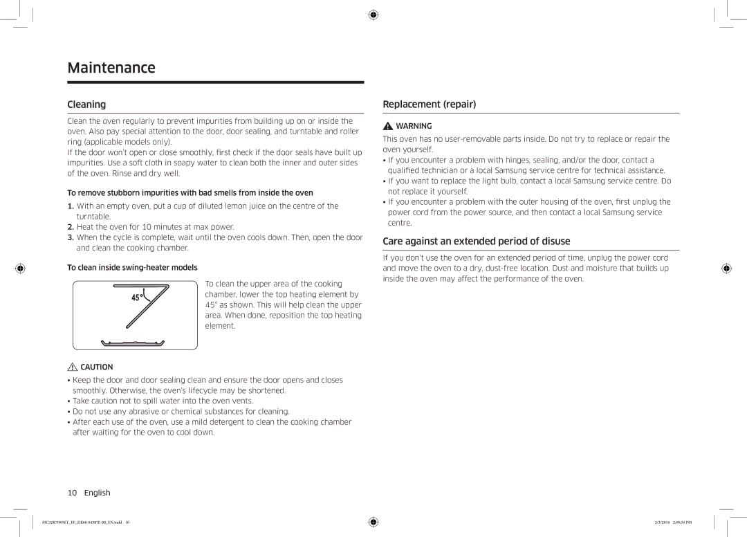 Samsung NQ50K5130BS/EF manual Maintenance, Cleaning, Replacement repair, Care against an extended period of disuse 