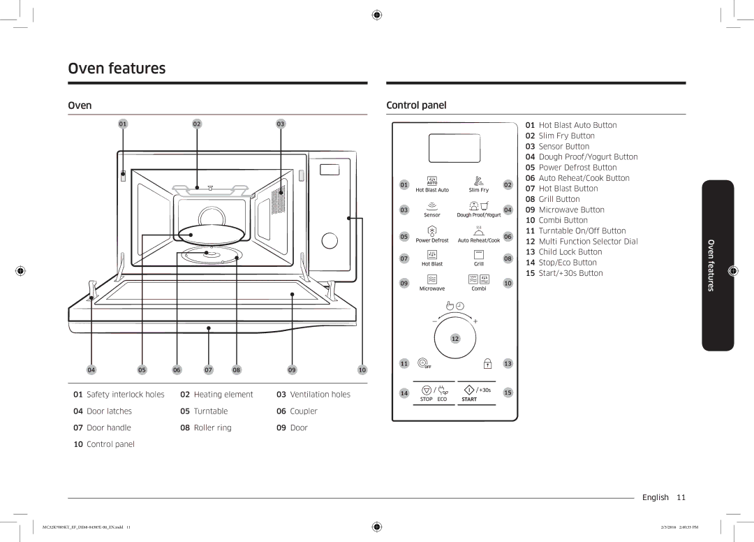 Samsung NQ50K5130BS/EF manual Oven features, Oven Control panel 