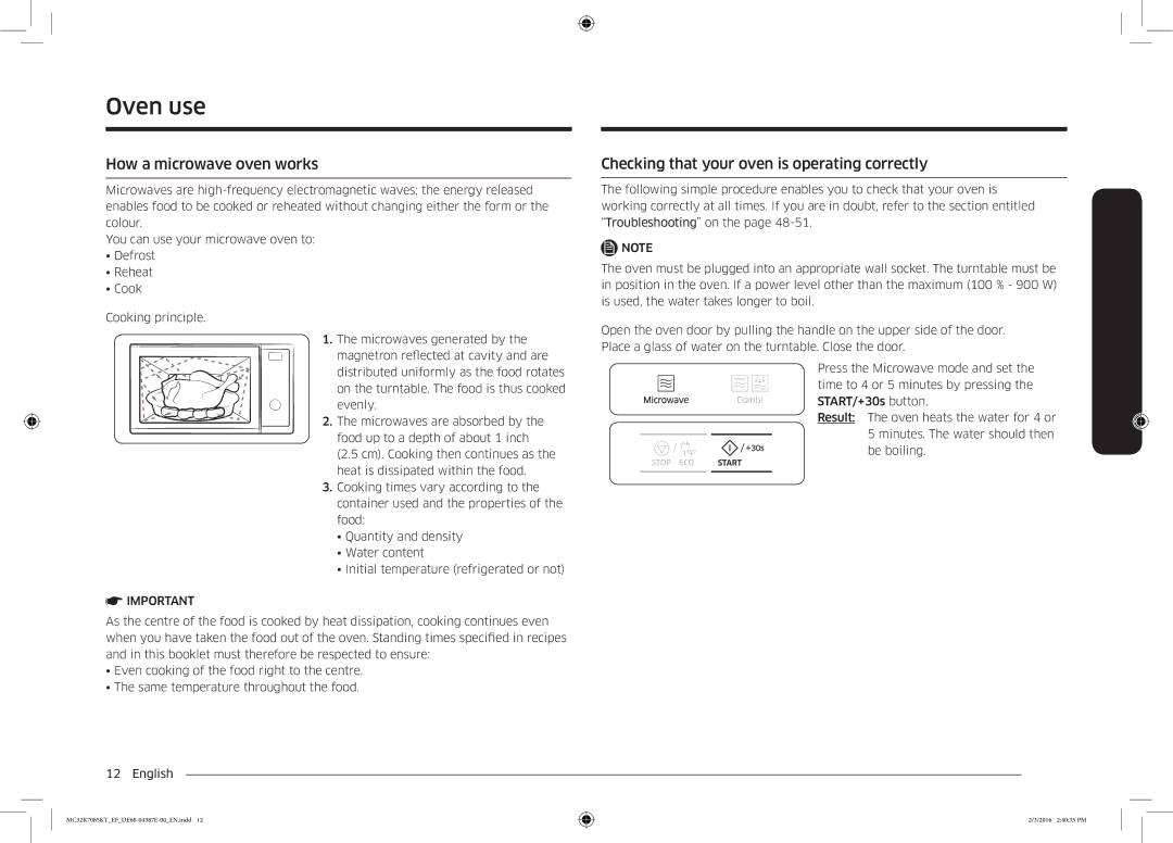 Samsung NQ50K5130BS/EF manual Oven use, How a microwave oven works, Checking that your oven is operating correctly 