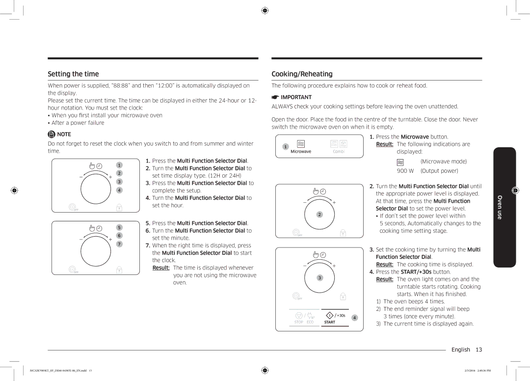 Samsung NQ50K5130BS/EF manual Setting the time, Cooking/Reheating 