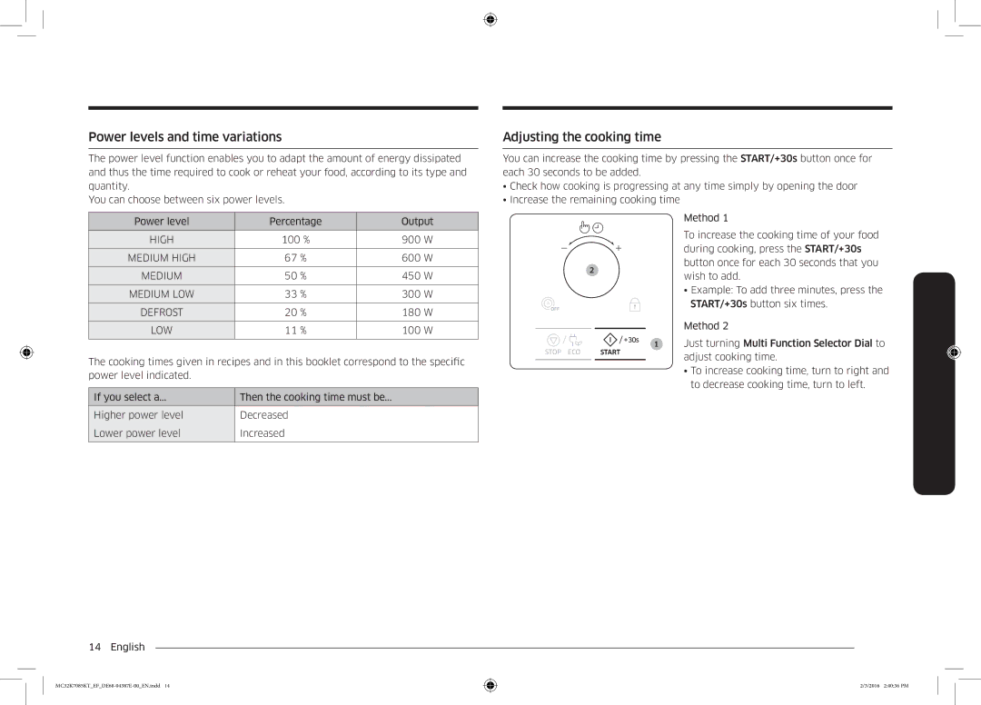 Samsung NQ50K5130BS/EF manual Power levels and time variations, Adjusting the cooking time 