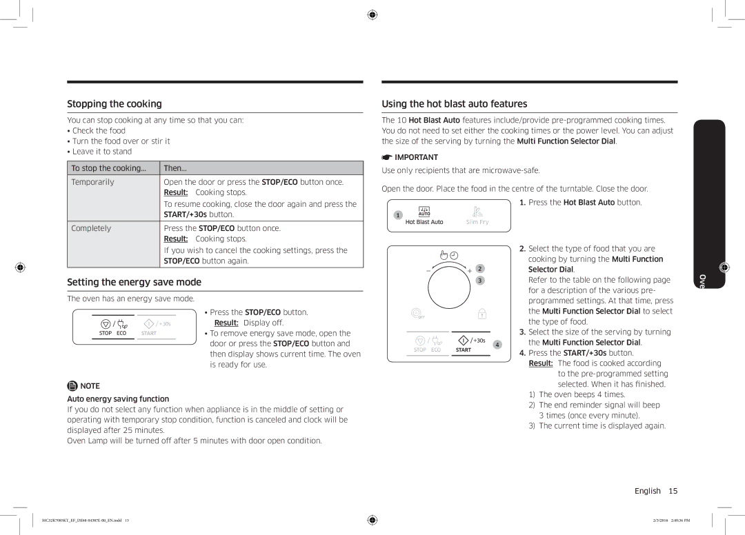 Samsung NQ50K5130BS/EF manual Stopping the cooking, Setting the energy save mode, Using the hot blast auto features 