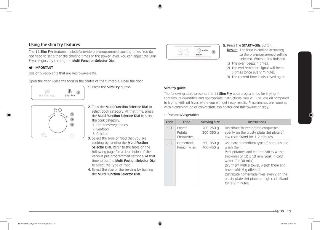 Samsung NQ50K5130BS/EF manual Using the slim fry features 