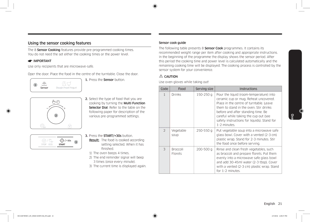 Samsung NQ50K5130BS/EF manual Using the sensor cooking features 