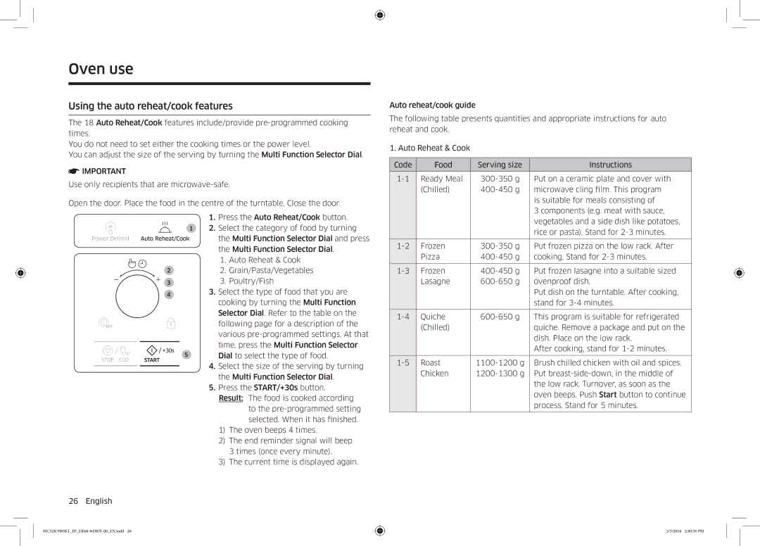 Samsung NQ50K5130BS/EF manual Using the auto reheat/cook features 