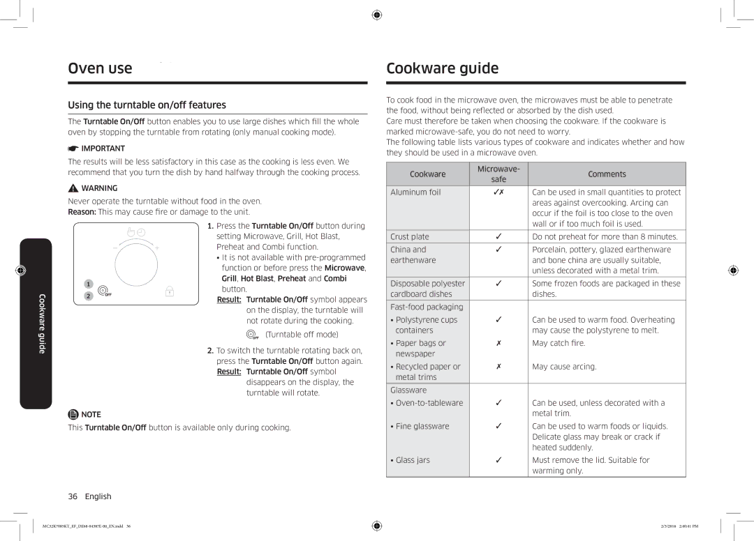 Samsung NQ50K5130BS/EF manual Cookware guide, CookwareOven use guide, Using the turntable on/off features 