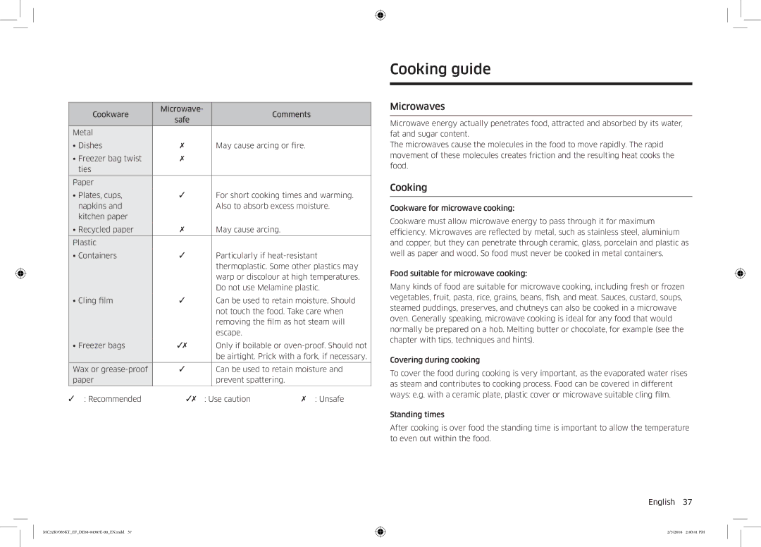 Samsung NQ50K5130BS/EF manual Cooking guide, Microwaves 