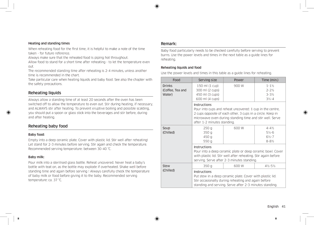 Samsung NQ50K5130BS/EF manual Reheating liquids, Reheating baby food, Remark 