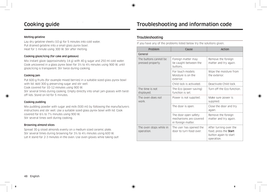 Samsung NQ50K5130BS/EF manual CookingTroubleshootingguide and information code, Troubleshooting and information code 