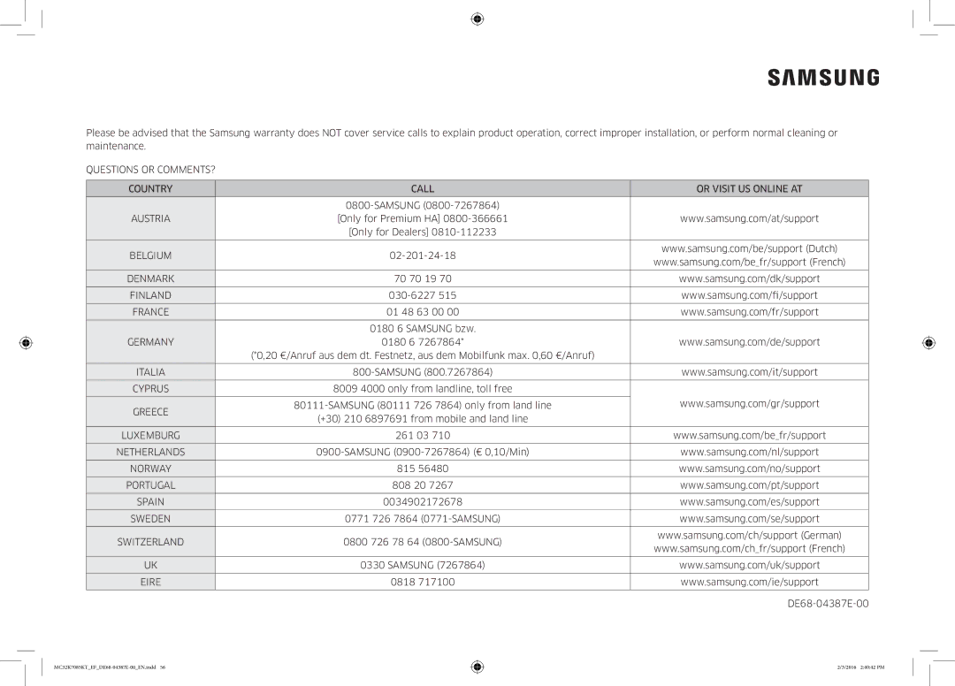 Samsung NQ50K5130BS/EF manual Questions or COMMENTS? Country Call Or Visit US Online AT 