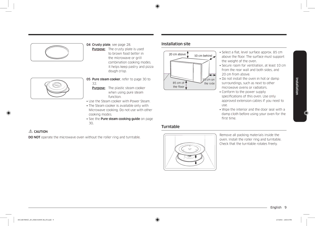 Samsung NQ50K5130BS/EF manual Installation site, Turntable 