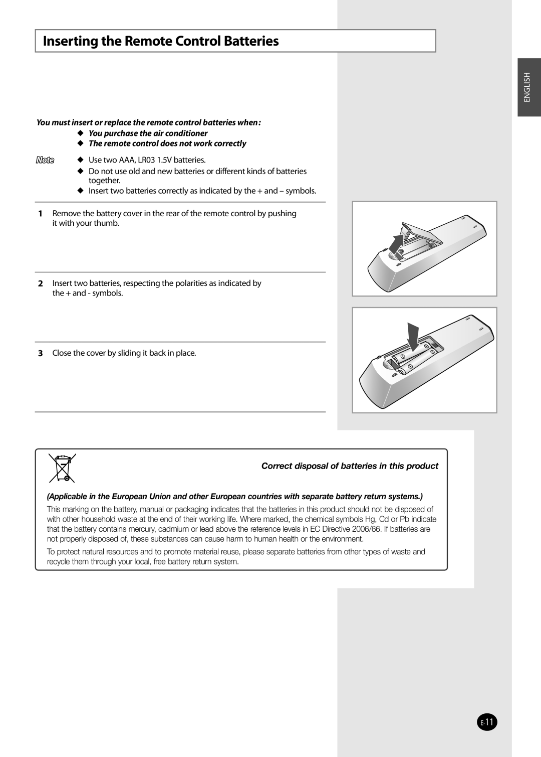 Samsung NS026NHXEA, NS035NHXEA, NS070NHXEA, NS052NHXEA manual Inserting the Remote Control Batteries 