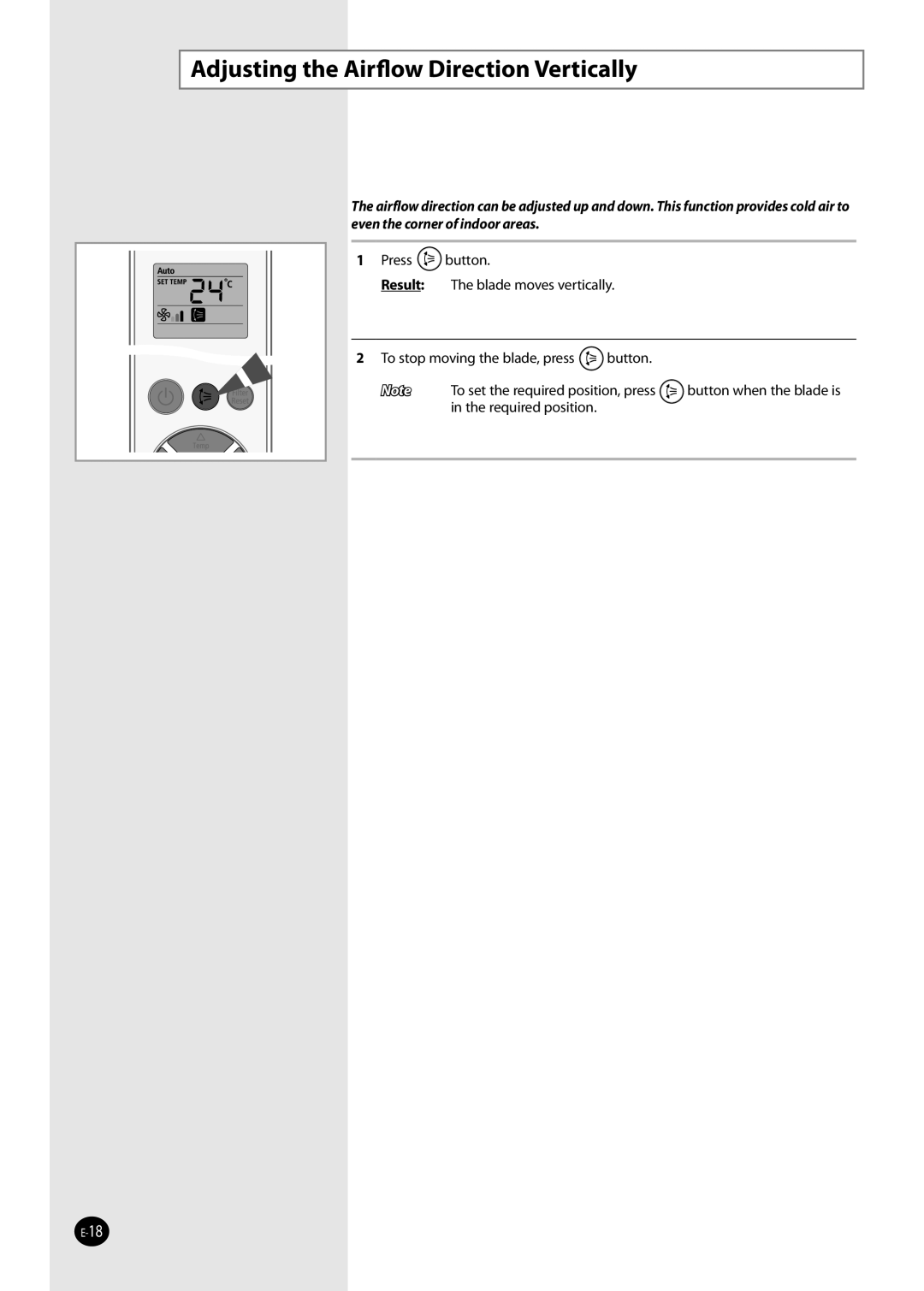 Samsung NS052NHXEA, NS035NHXEA, NS070NHXEA, NS026NHXEA manual Adjusting the Airﬂow Direction Vertically 