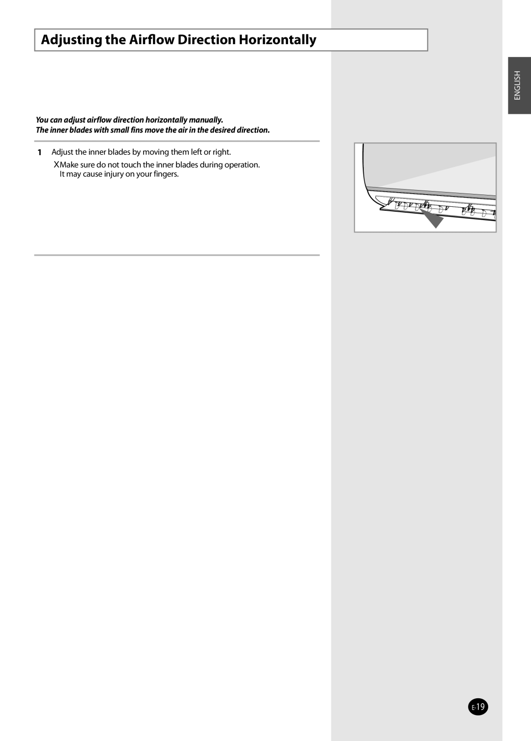 Samsung NS026NHXEA, NS035NHXEA, NS070NHXEA, NS052NHXEA manual Adjusting the Airﬂow Direction Horizontally 