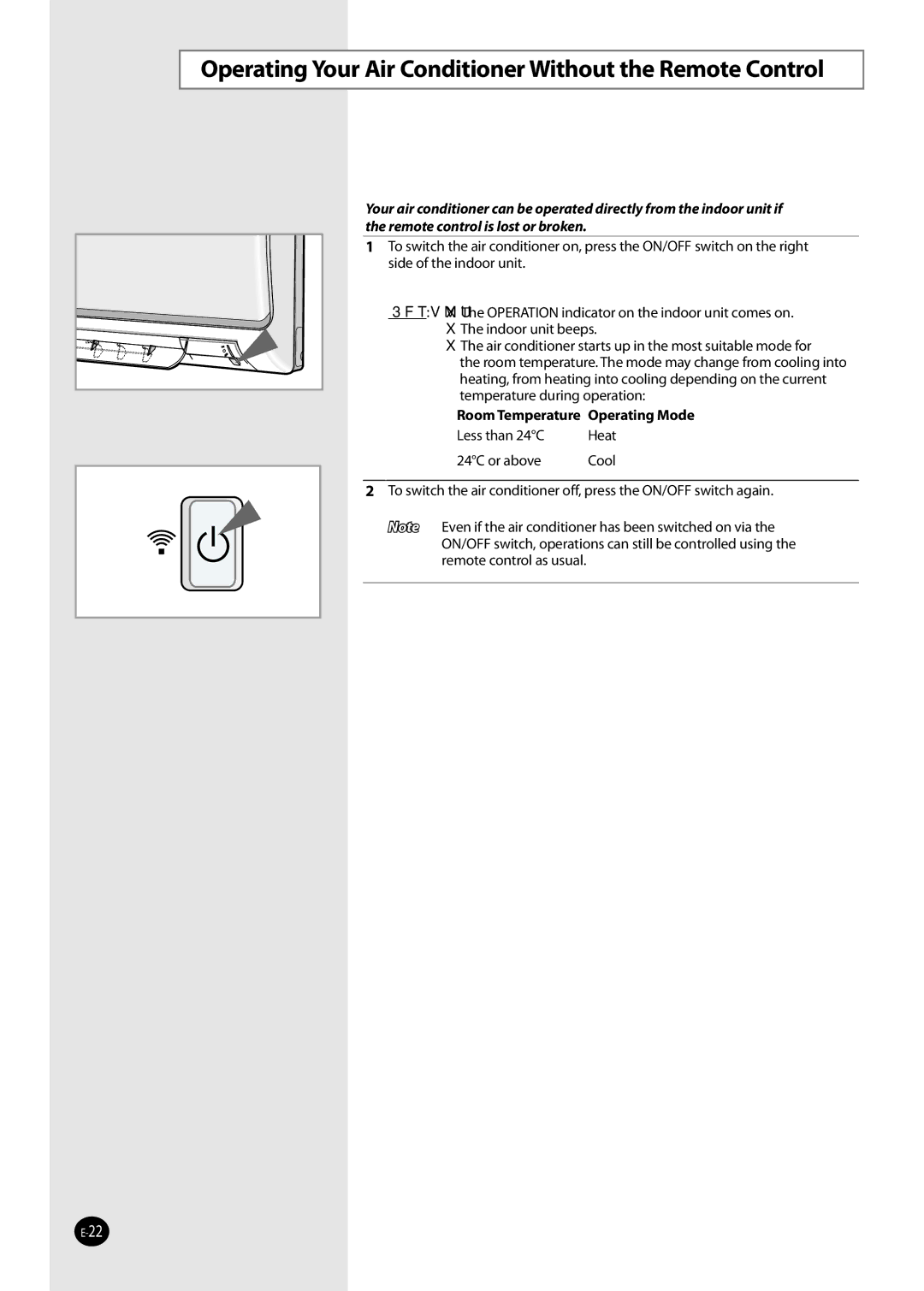 Samsung NS052NHXEA, NS035NHXEA Operating Your Air Conditioner Without the Remote Control, Room Temperature Operating Mode 