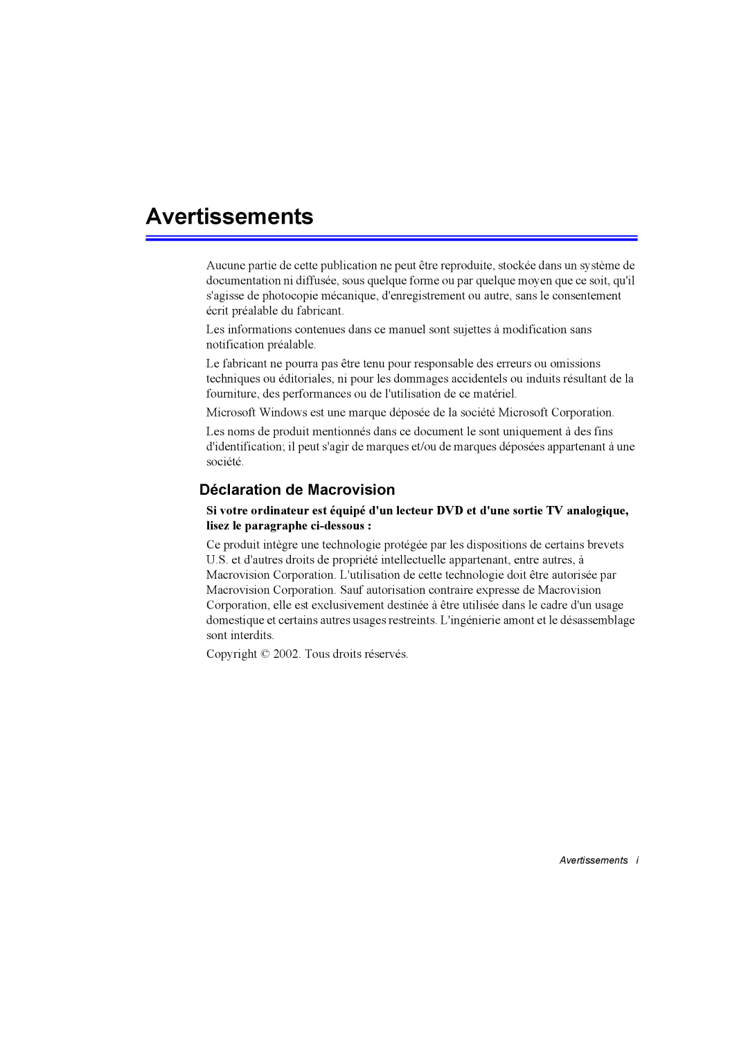 Samsung NT10FK02DV/SEF manual Avertissements, Déclaration de Macrovision 